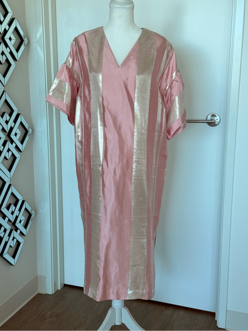 Limited edition Pink and Gold  Satin Stripe V-Neck Tunic Dress